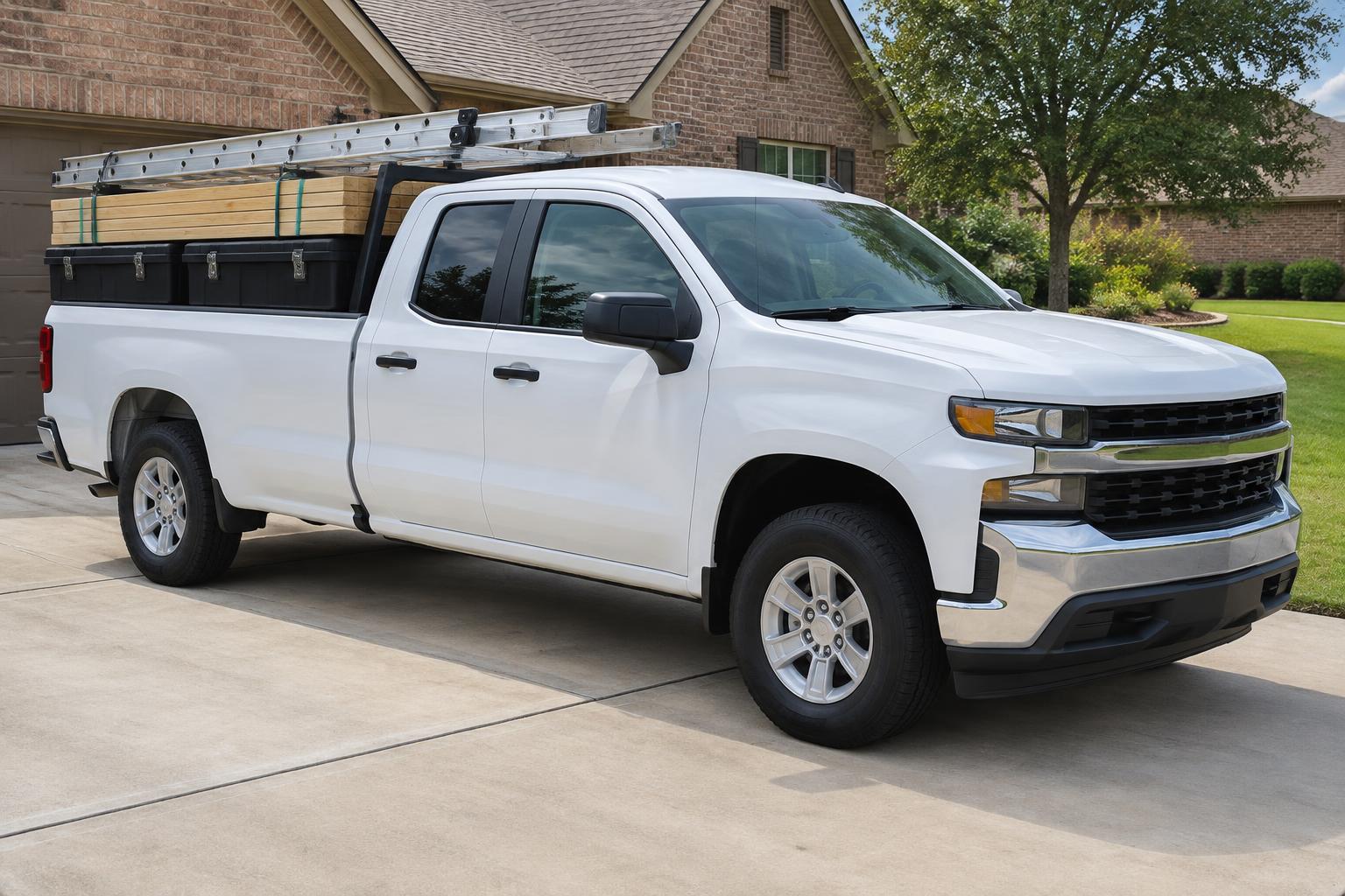 A work truck parked in a driveway with a ladder and tool boxes in the bed