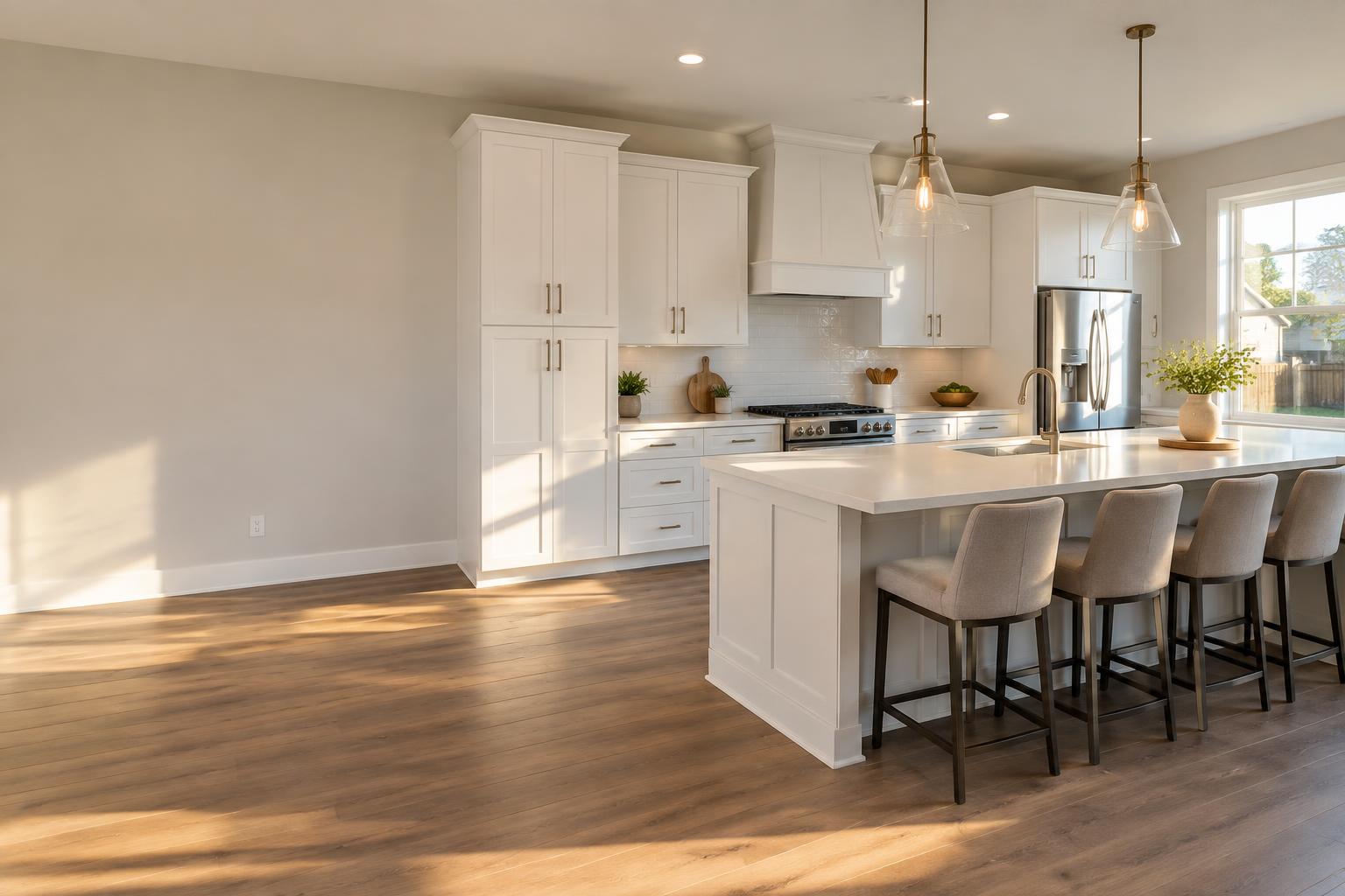 A finished open-plan kitchen with white cabinets, a large island and quartz countertops