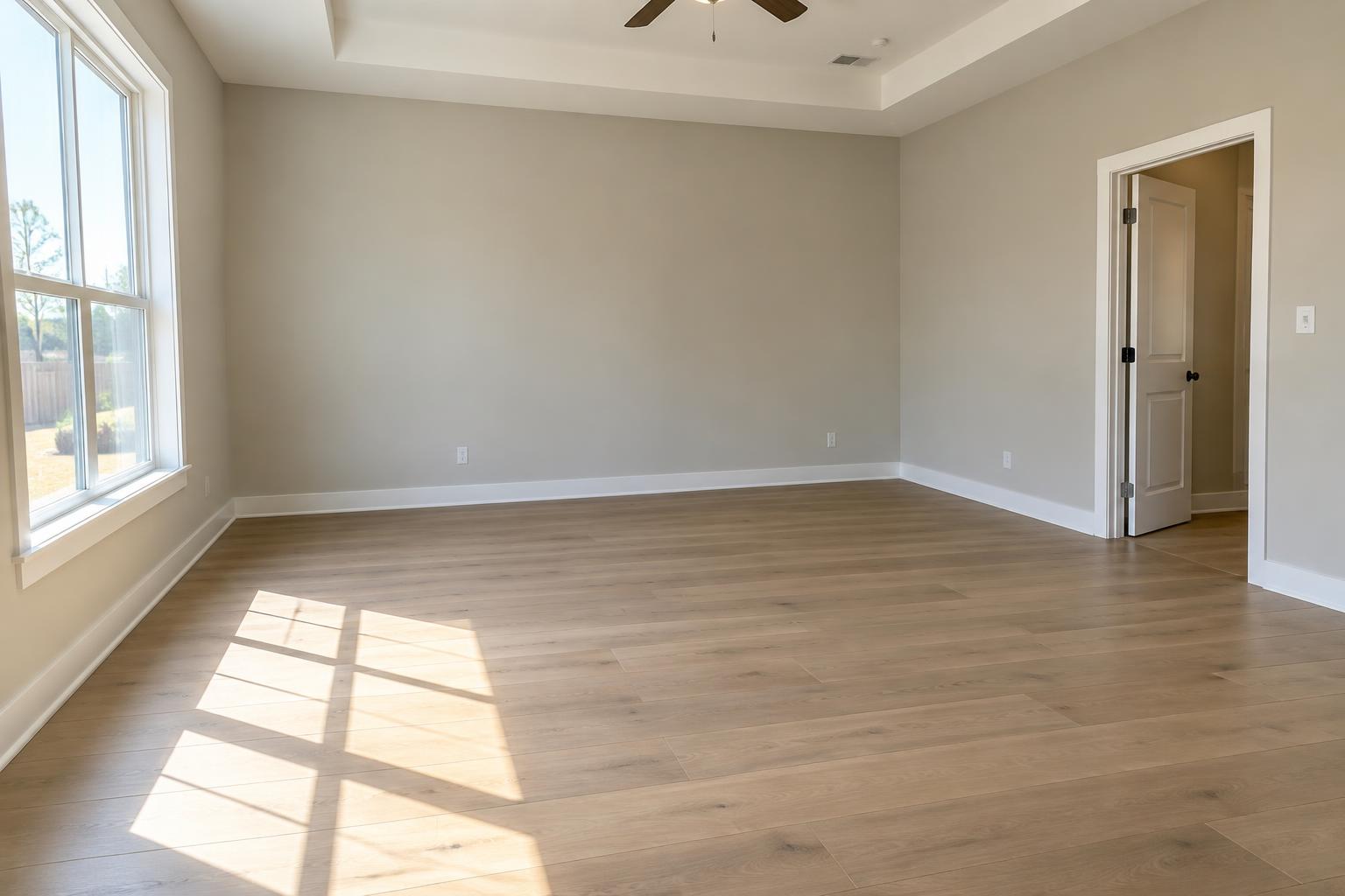 A finished room with new plank flooring, fresh paint and white baseboards