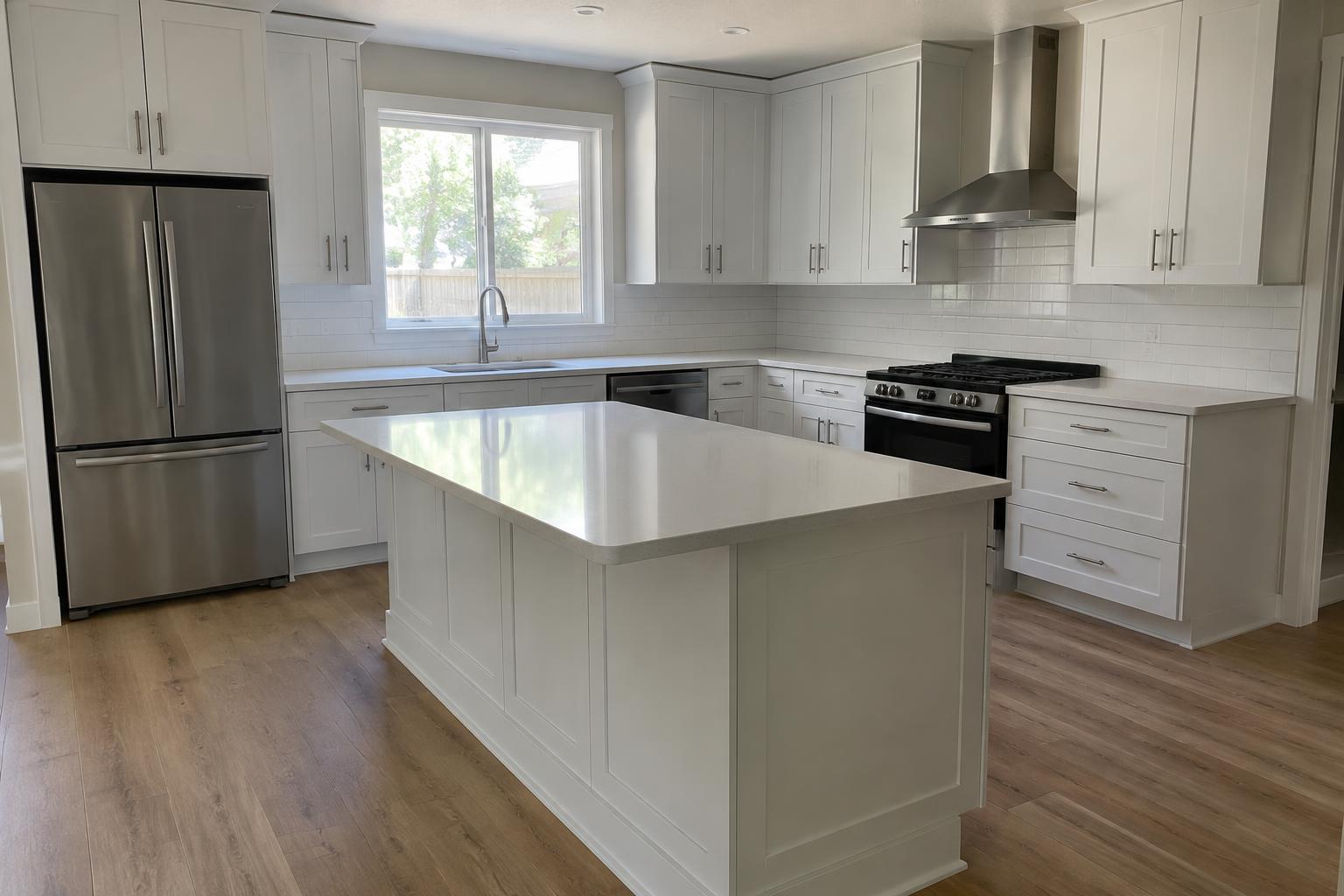A finished remodeled kitchen with white cabinets, an island and wood-look floors