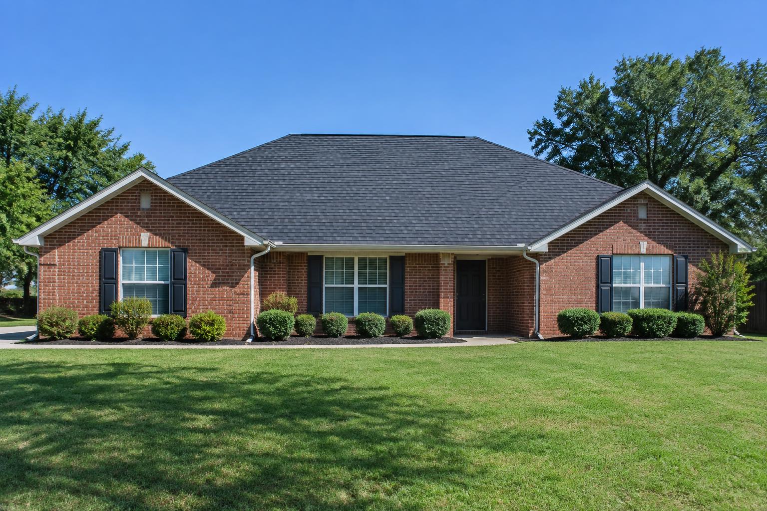 A single-story brick Texas house with a newly finished shingle roof