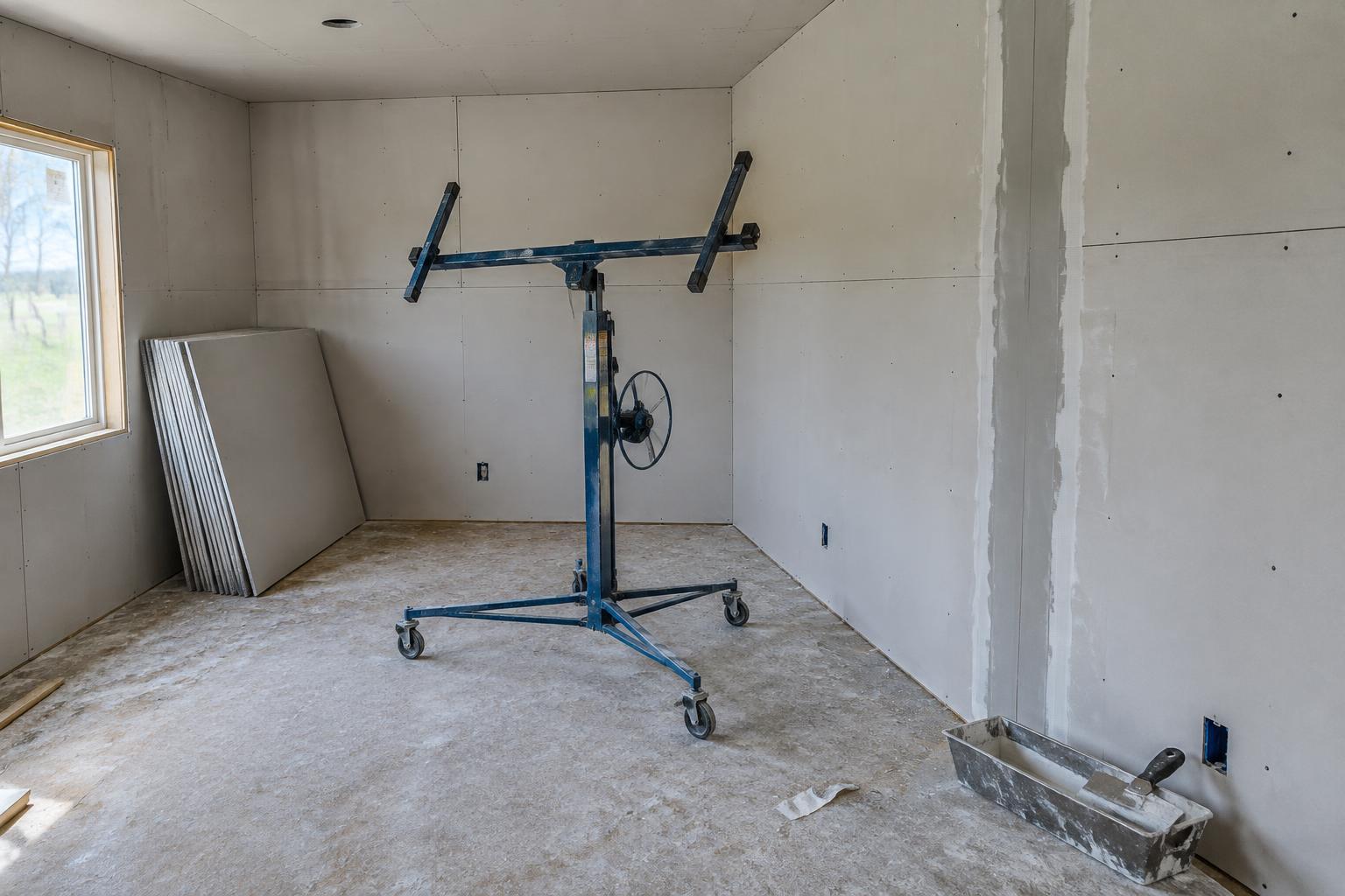 A room mid-remodel with new drywall hung and a taped seam
