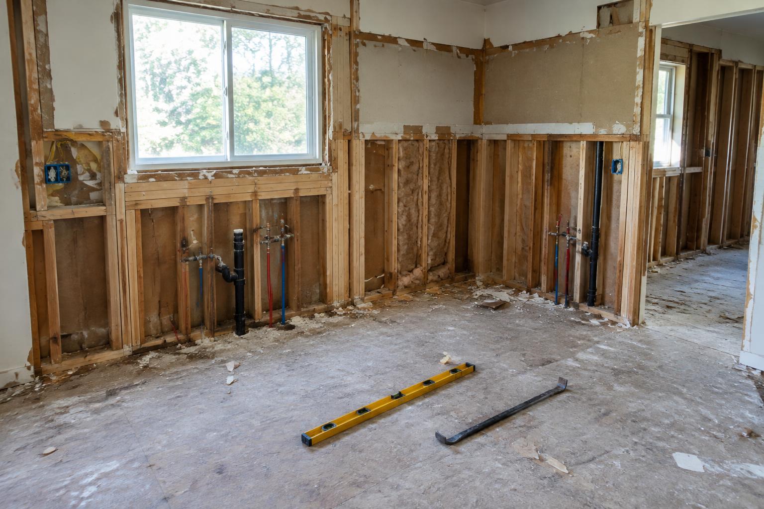 A kitchen stripped for a remodel with new framing and rough plumbing in place